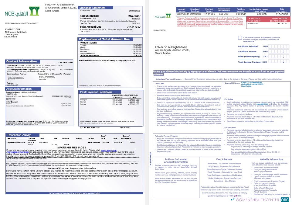 Download Saudi Arabia NCB bank mortgage statement in Word and PDF formats 1 2 Photoshop template